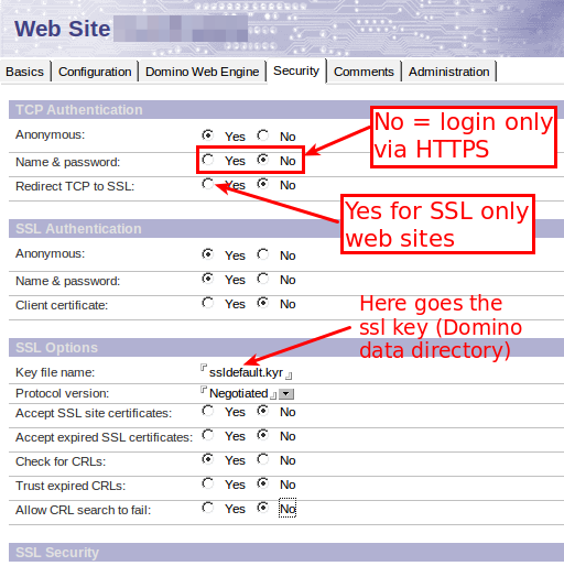 Security settings in Internet site document