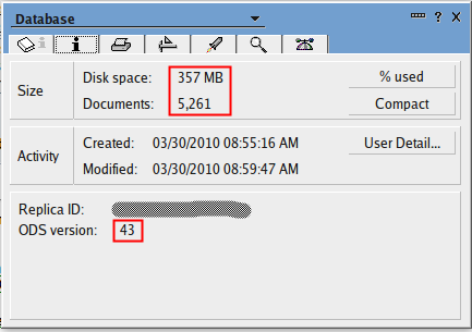 ODS43 mailbox with 5261 documents at 357MB